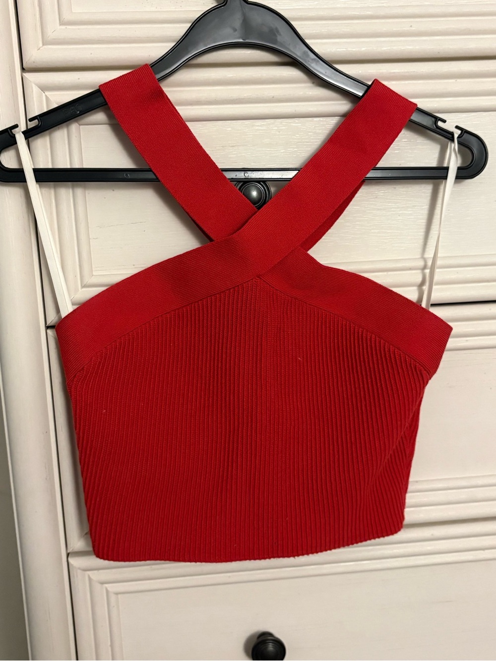 Babaton Red Ribbed Crossover Strap Crop Tank